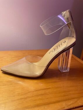 Wild Pair Clear Strap Pointed Pump in Beige with Clear Block Heel